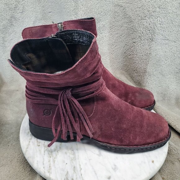 Born Shoes Womens Size 8.5 Burgundy Red Suede Cross Fringe Zip Boots - Picture 7 of 11